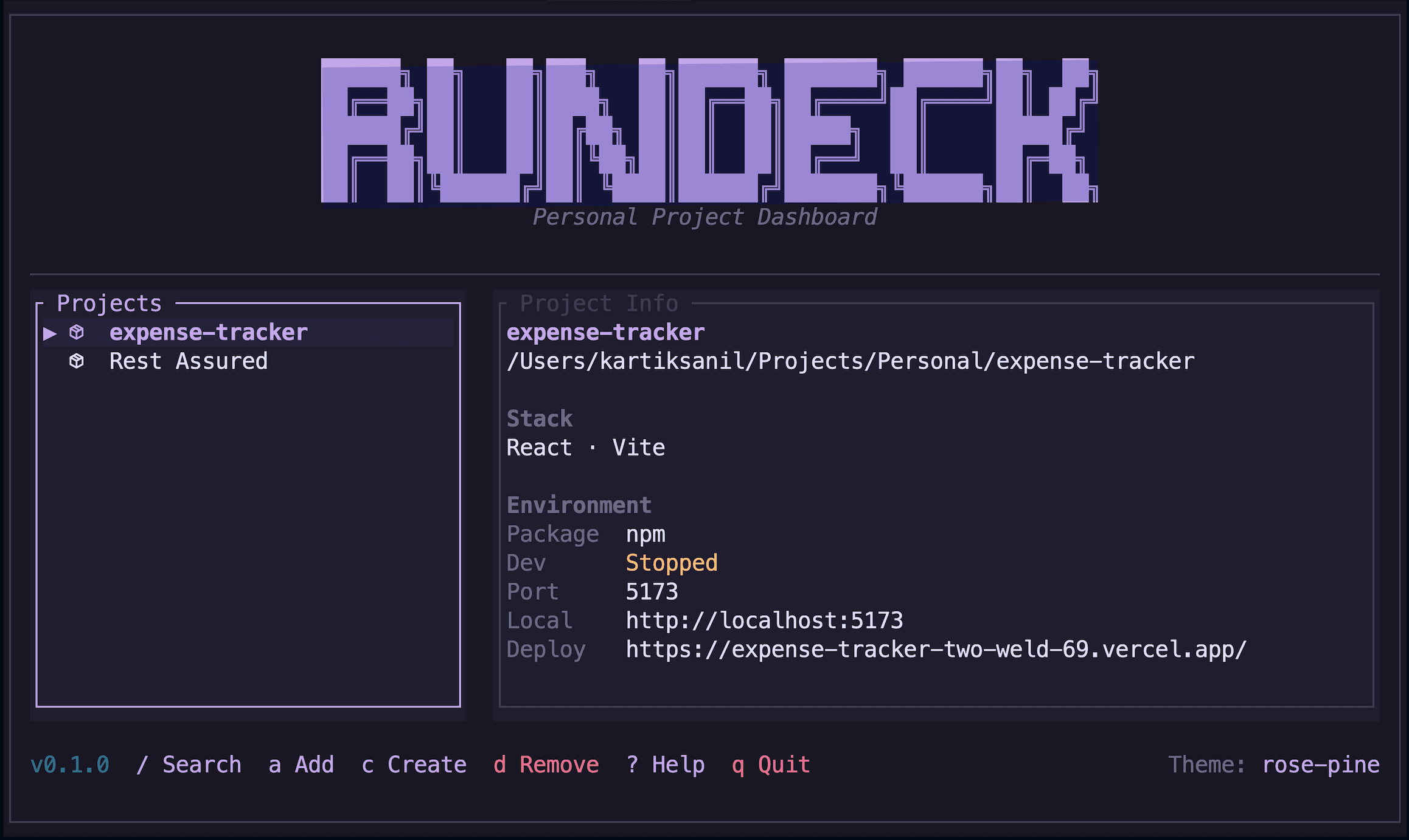 RunDeck - Personal Project Dashboard